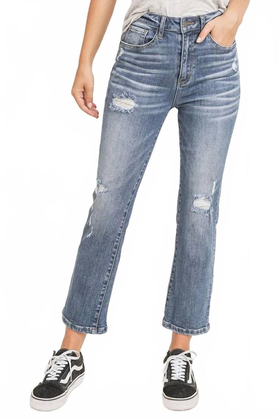 NEW RISEN women's vintage washed straight jeans in blue